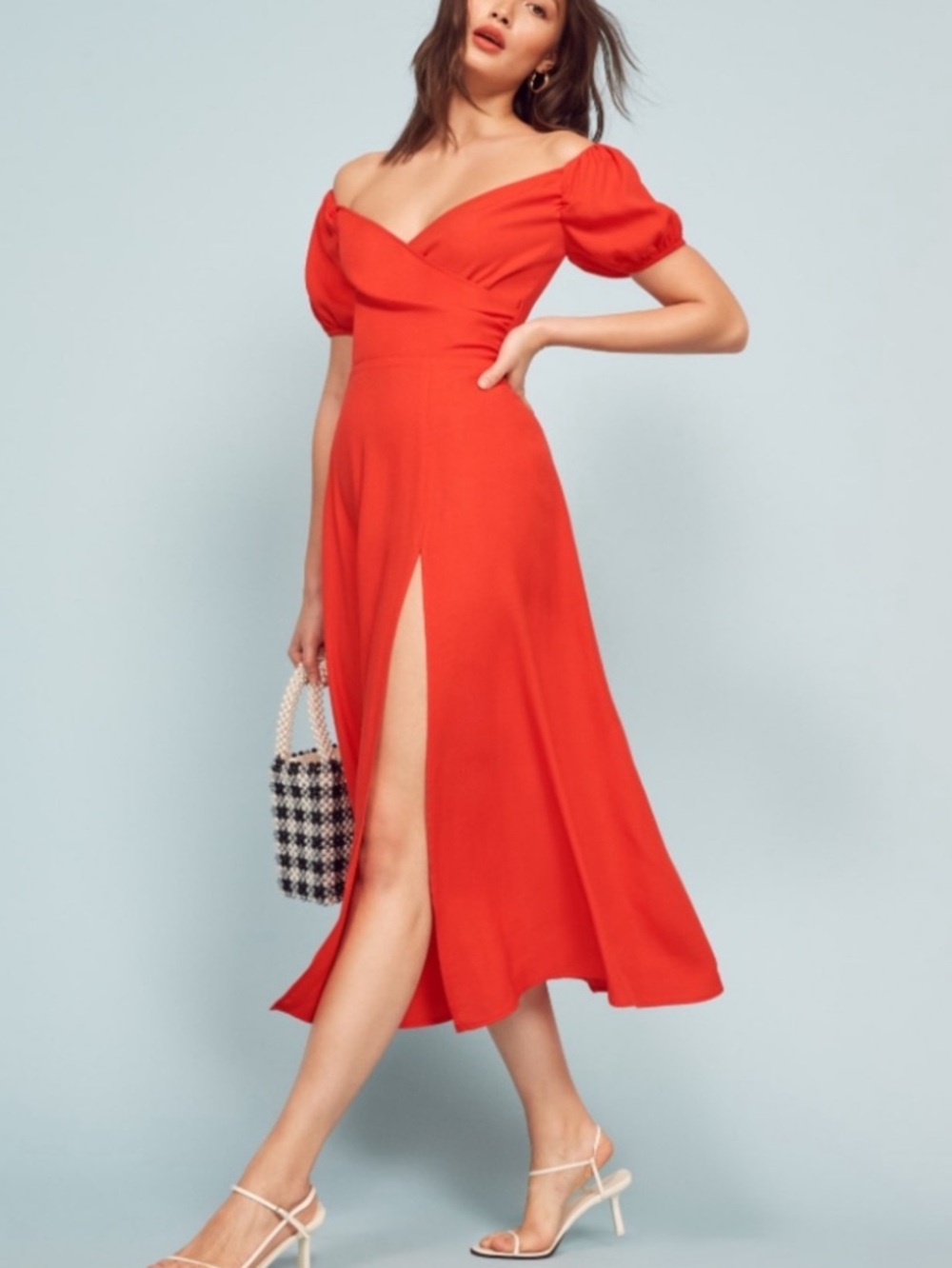 Reformation Pearl Red Off-Shoulder Puff Sleeve Midi Dress with Front Slit Sz 6